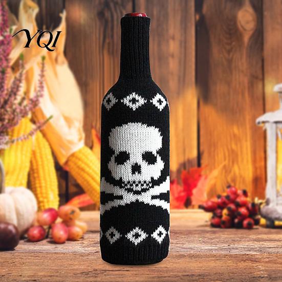 Skeleton Pattern Bottle Decor Halloween Wine Sweater, Reusable Knitted Champagne Cover, Pumpkin Skull Gift Bag Spider Sleeve Decoration for
