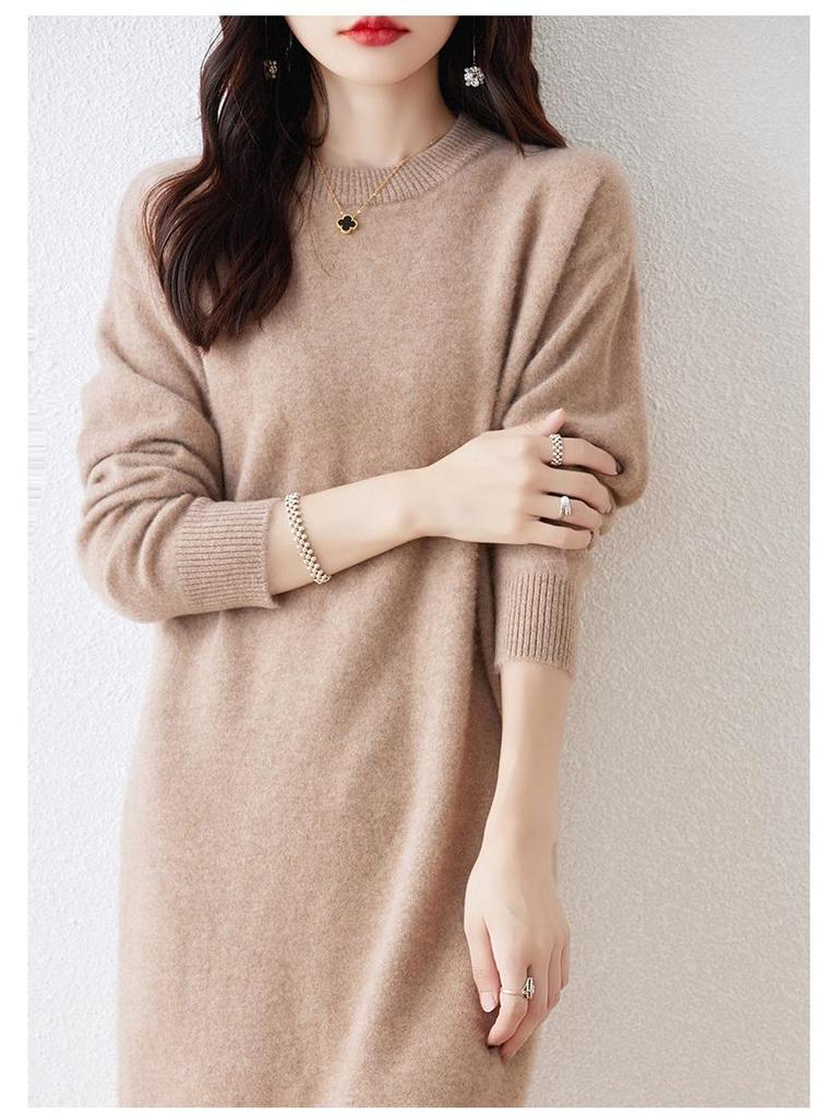 Women's Long Wool Knitted Dress - Over-the-Knee, Semi-High Neck, Loose Fit for Autumn/Winter