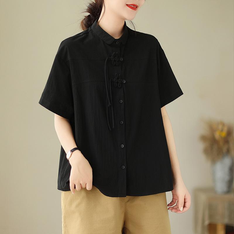 

Stylish Loose-Fit Cotton Short-Sleeve Shirt with Chinese Frog Buttons - Plus Size Trendy Niche XL чорний