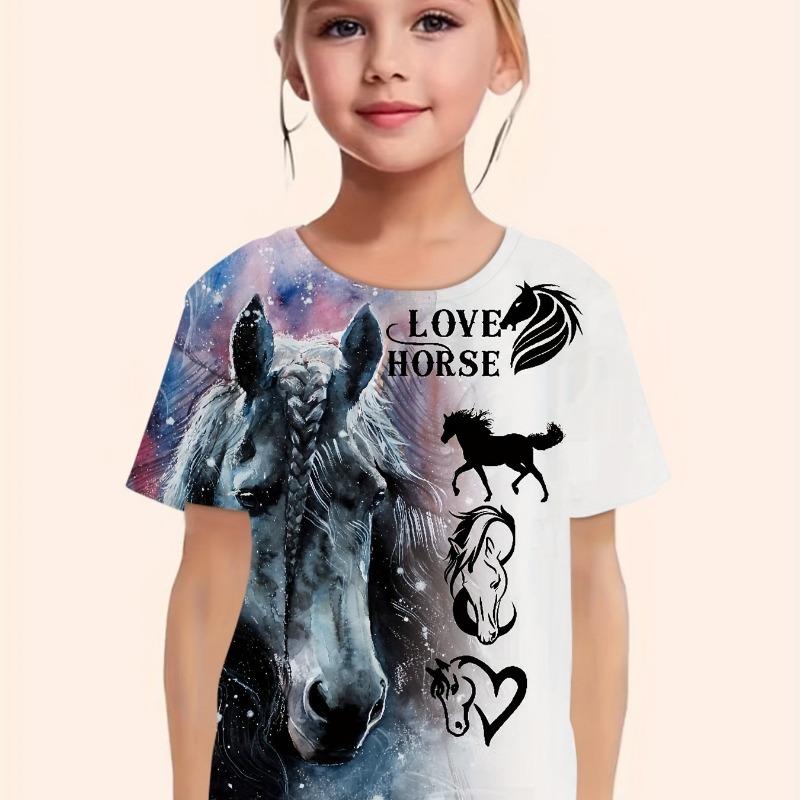 Children's Clothing Girl Clothes Short Sleeve Girl Casual Vintage Horse Print Kids Summer Clothes
