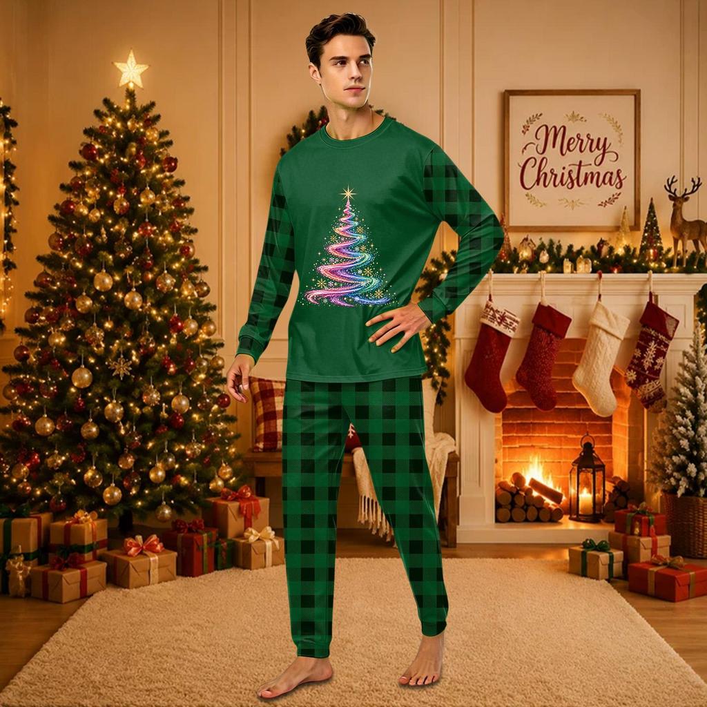 Christmas-print long-sleeve and long-pant matching family loungewear set