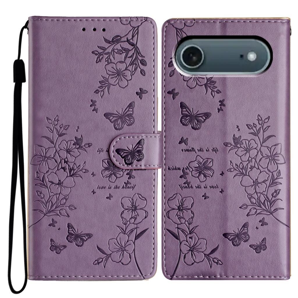 For iPhone 17 Air Wallet Phone Case Butterfly Floral Imprint Leather Flip Cover with Strap