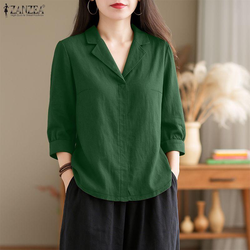 ZANZEA Women Turn Down Collar Loose Casual 3/4 Sleeve Blouse