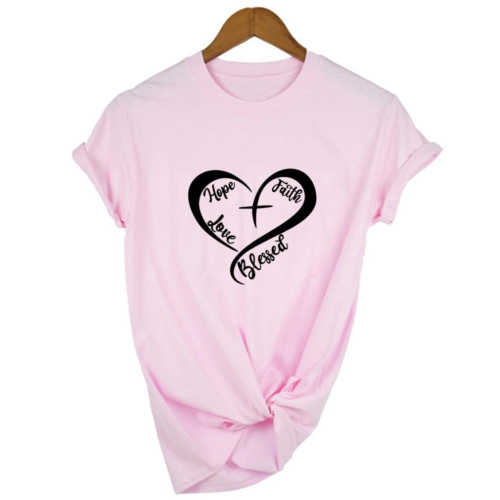 Hope Faith Love Blessed Heart Print Women Summer T Shirt Christian Harajuku Tshirt Graphic Tee 2XL