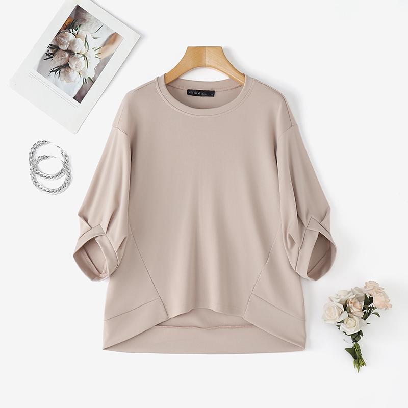 

ZANZEA Женские повседневные футболки с круглым вырезом, однотонные, свободного кроя, с рукавом 3/4 абрикосовый