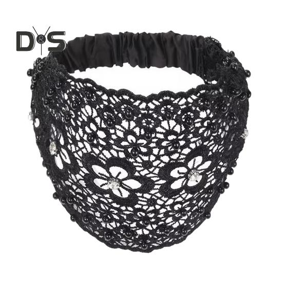 

Женская повязка на голову с цветочным узором, блестящие стразы, искусственный жемчуг, резинка для волос, высокая эластичная широкая резинка для волос чёрный