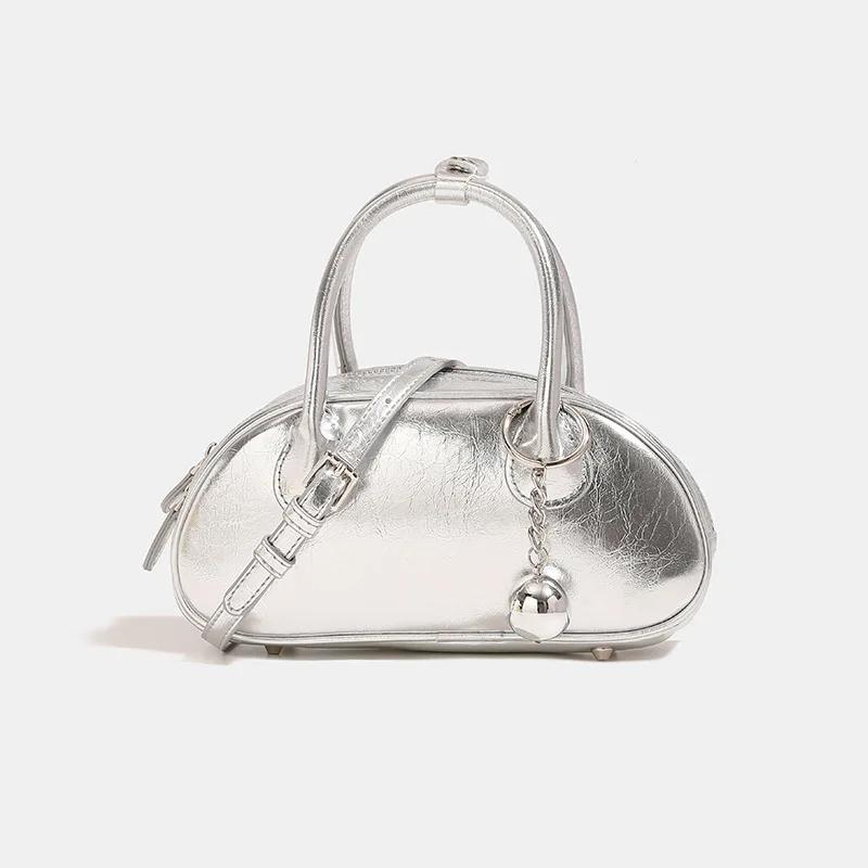 

Gold Silver Stylish Exquisite Bowling Bag 2025 New Original Design Crossbody Bag Simple Premium Feeling Tote Shoulder Boston срібний