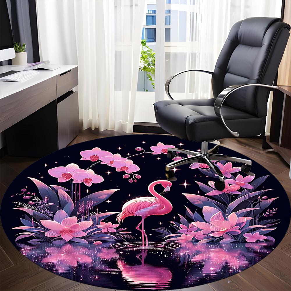 1pcFlamingo Night Garden Office Round Area Rug, Indoor Mat Suitable ForOffice, Under Office Chairs Bedroom Living Room Home Decor, Room Deco 054
