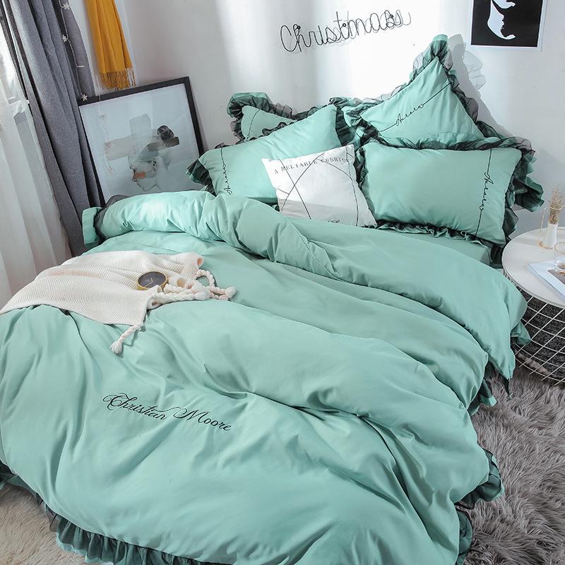 4 PCS Elegant Lace Cotton Bedding Set Bed Sheet Bed Cover Queen/king Size Solid Color Quilt Cover