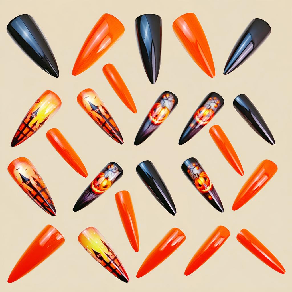 Trendy Fake Nail Halloween Theme Stylish Almond Tip Ghostly Pumpkin Art Durability Comfortable False Nail For Daily Wear