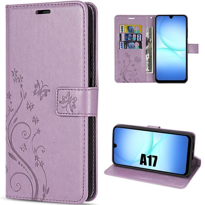 Protective Case - BOOLING - Samsung Galaxy A17 4G/5G - Synthetic Leather Plant Butterfly Pattern Purple