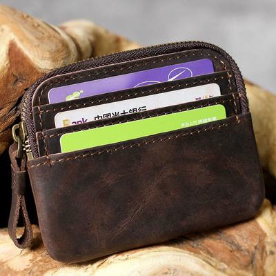 Retro Hochwertiges handgemachtes Crazy Horse Leder Herren Designer Portemonnaie Schlanker Reißverschluss Schlüssel Kreditkartenhalter Taschenmünzhalter Kleine Beutel