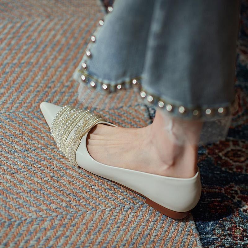 Fashion New Fashion Elegant Sexy Banquet Pearl Style Shoes Women's Pointed Toe Flat Bottom Retro French Niche Lady Shoes