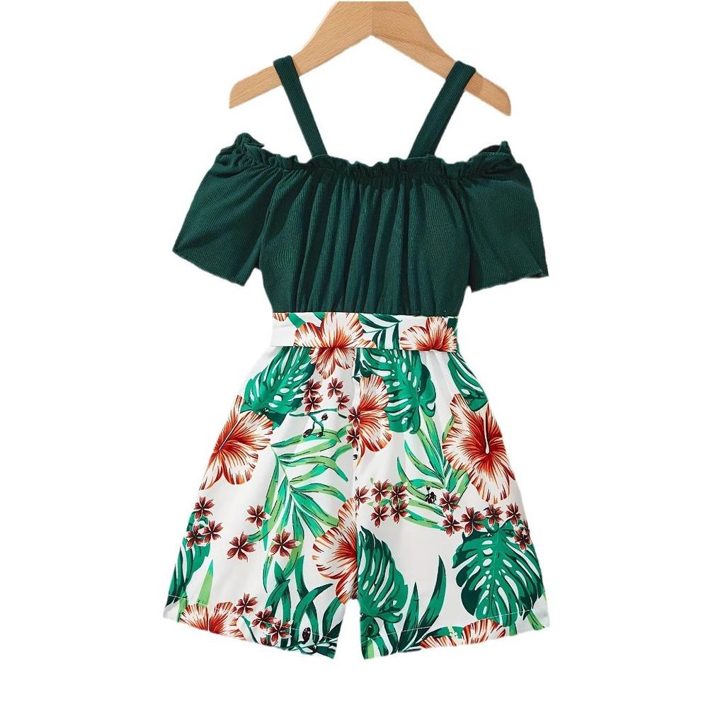 Girls' Stylish Floral Print Combination Jumpsuit Summer Kids' Sweet Jumpsuit