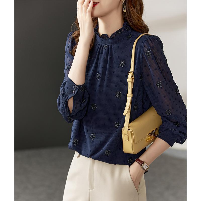 Autumn Fashion Embroidered Solid Blouse Women New Classic Long Sleeve Auricular Collar Temperament All-match Lady Shirt Top