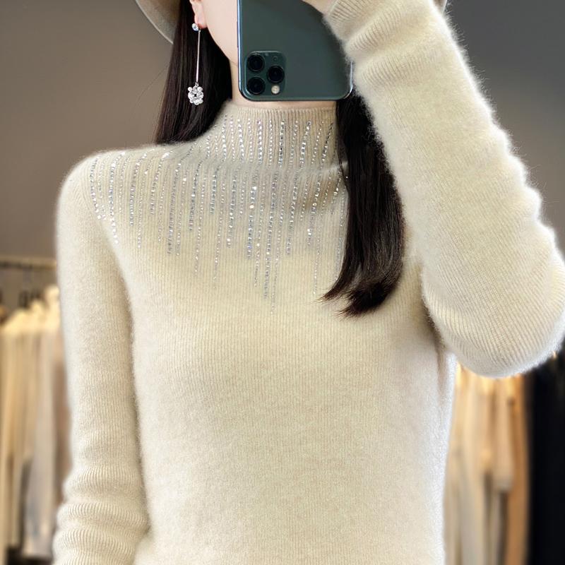 Women's Half Turtleneck Sweater, Qinghe Cashmere, 30% Cashmere 70% Wool, Diamond-studded Winter Knitted Pullover Autumn Sweater Cashmere Sweater
