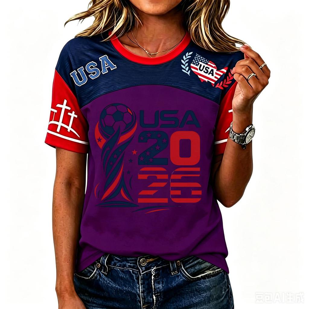 Women's USA Casual Short Sleeve Soccer Print Neck T-Shirt