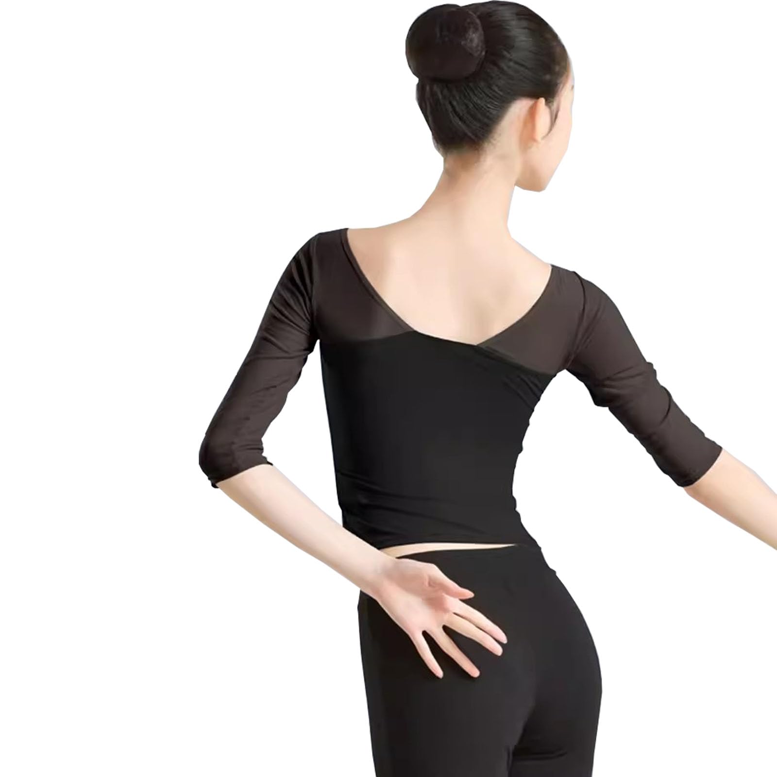 

Yuoku Балетный танцевальный рукав для практики, эластичный, открытый, классический, бальный, современный танец, женский костюм, топ 5/8, прозрачная блузка, одежда, без спины, прозрачный, чёрный