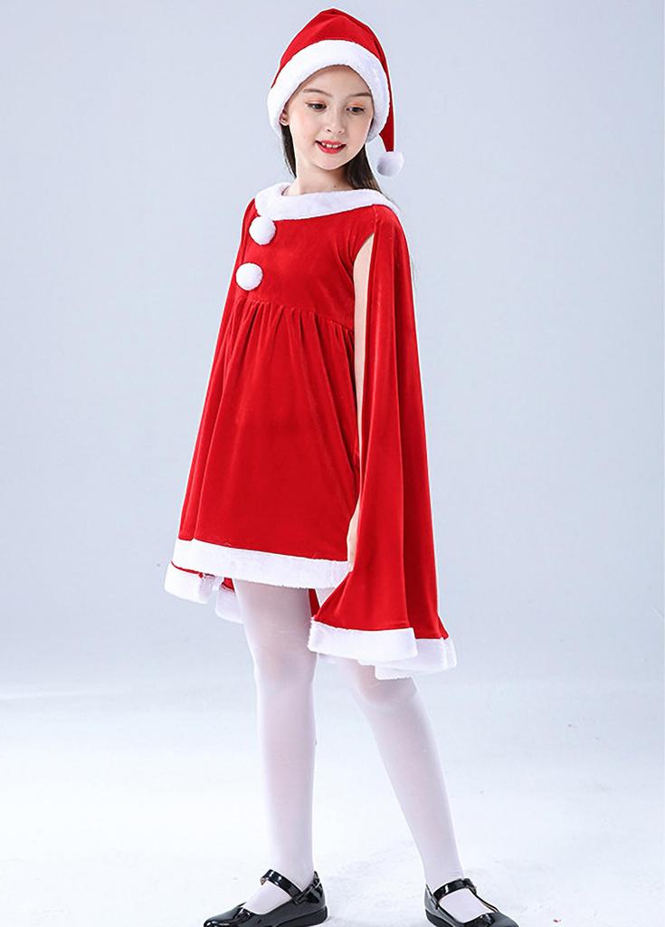 MiniAya Tomtekostym för Flickor, Juloutfit med Kappa och Hatt, Söt Röd och Grön Poncho, Fluffig Jultomtekostym för Flickor, Perfekt