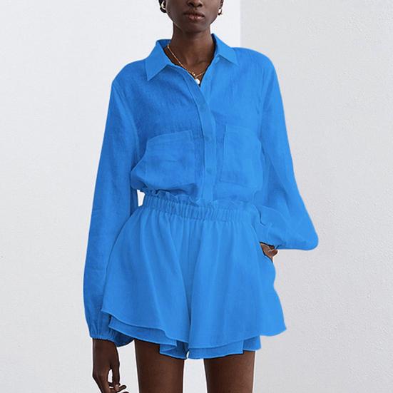 2 Teile/satz Frauen Set Raffen Elastische Schnürung Lange Taille Falten Hosen Hemd Shorts Blase Ärmel