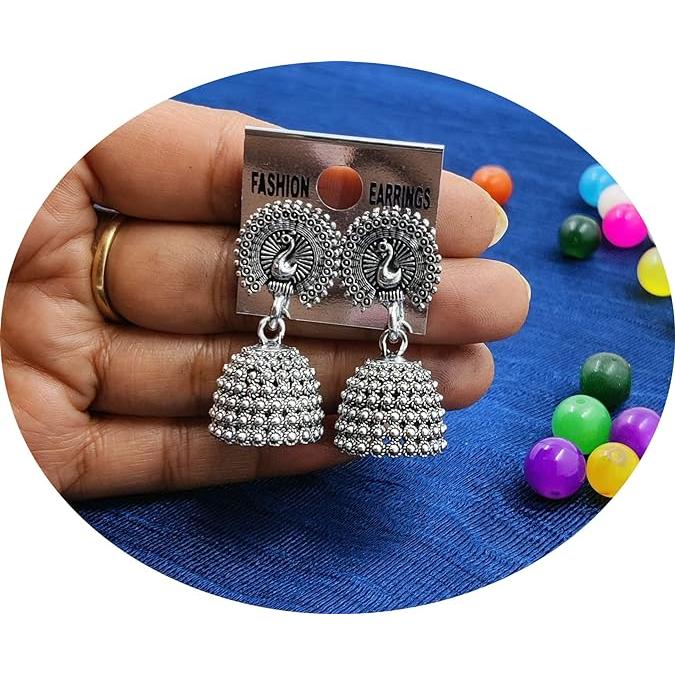 Fashion Latest Traditional Oxidized Silver and Antique Golden Base Metal Dangle and Drop (COMBOs of 4) Jhumki Earrings for Women & Girls