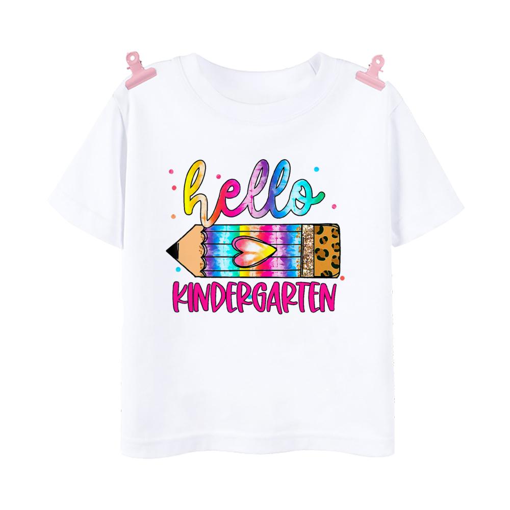 

Привет Первоклассная детская футболка с леопардовым принтом 1-5 класс Наряд для ребенка обратно в школу Футболка для мальчиков и девочек с коротким рукавом Одежда 150