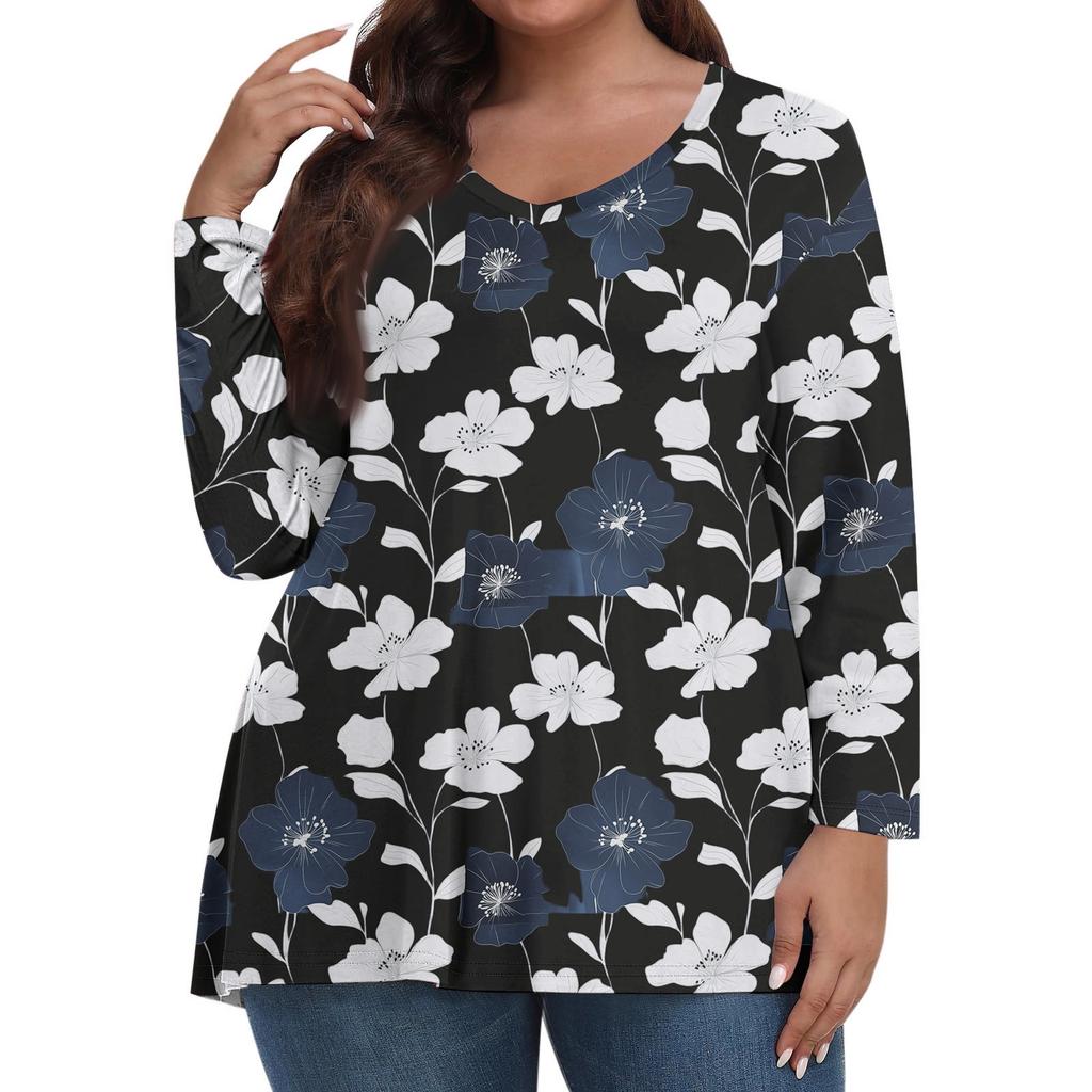 Women's Fashionable Casual Long Sleeved Plus Size Floral Print Top Plus Size Floral Print Top