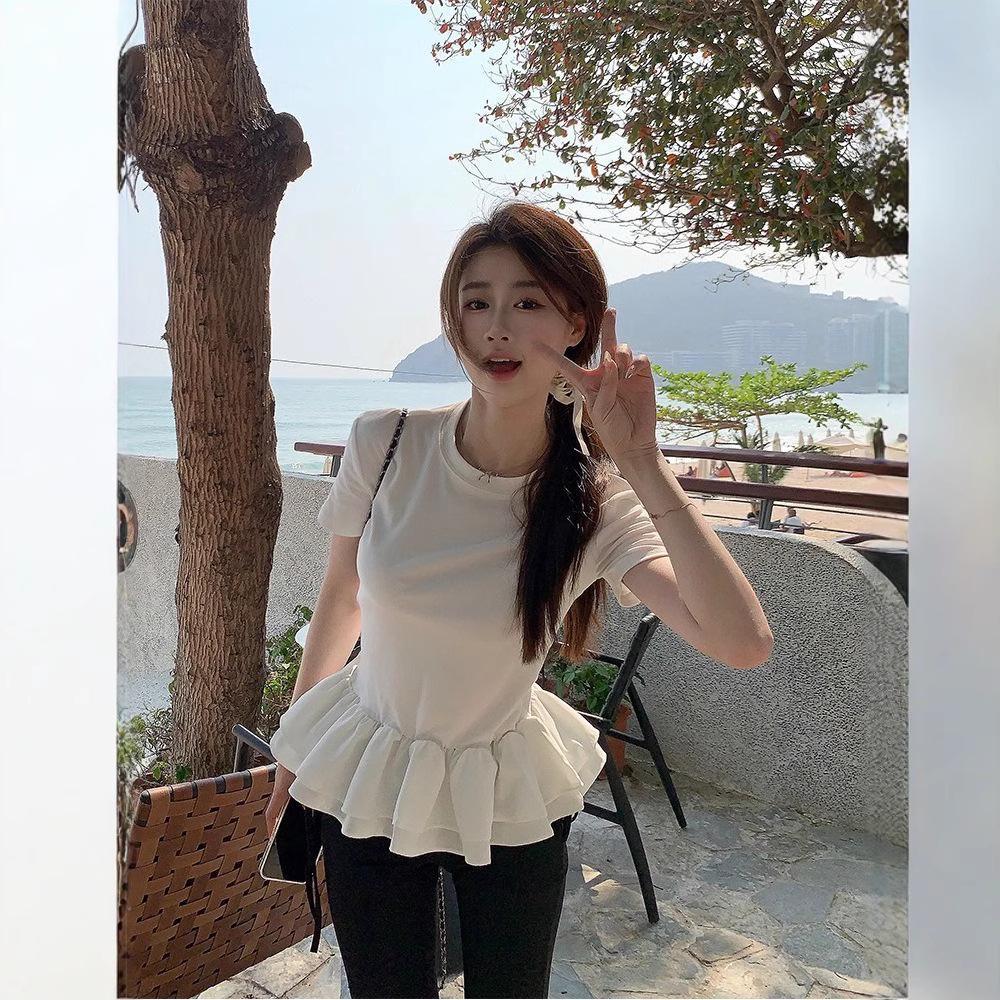 In-Stock Women's Patchwork Lace Puff Sleeve Slim Fit T-Shirt