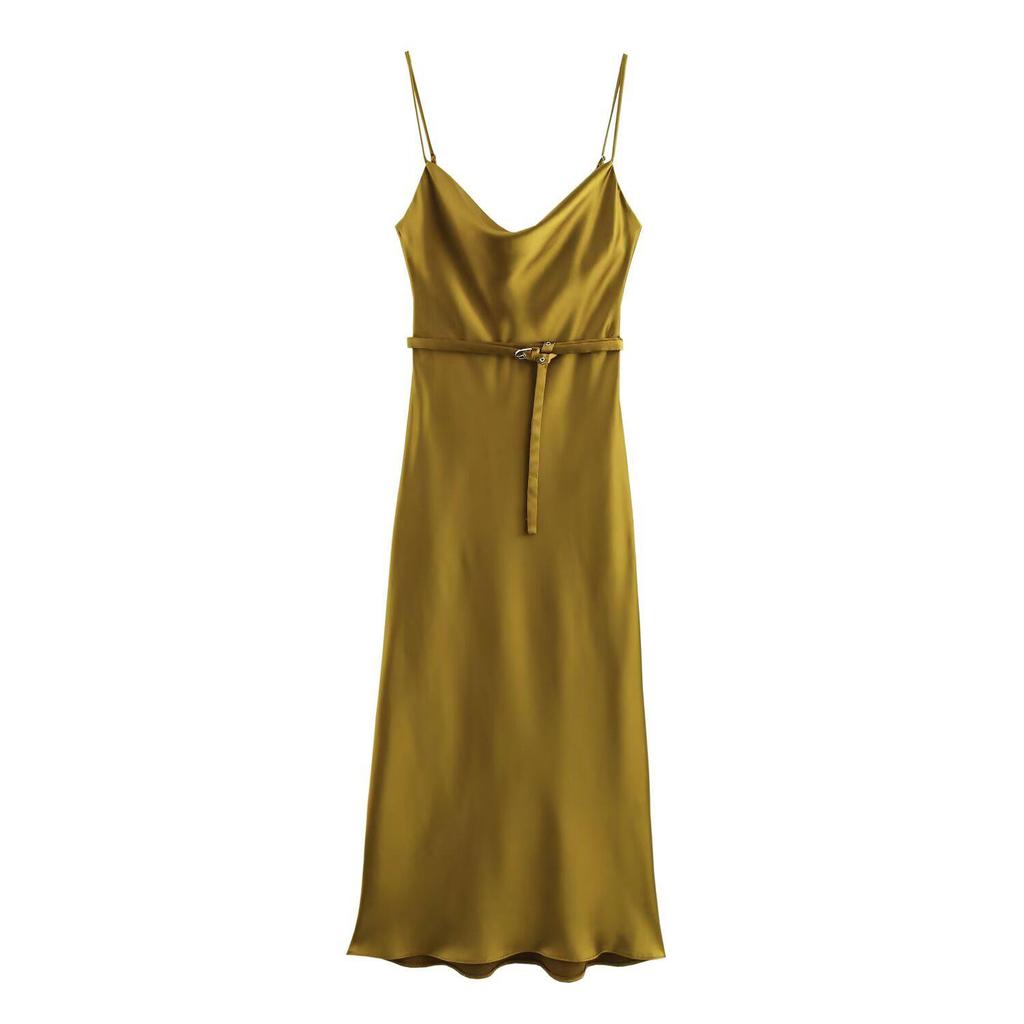 2025 Spring Women's European & American Style Belted Silk Satin Dress