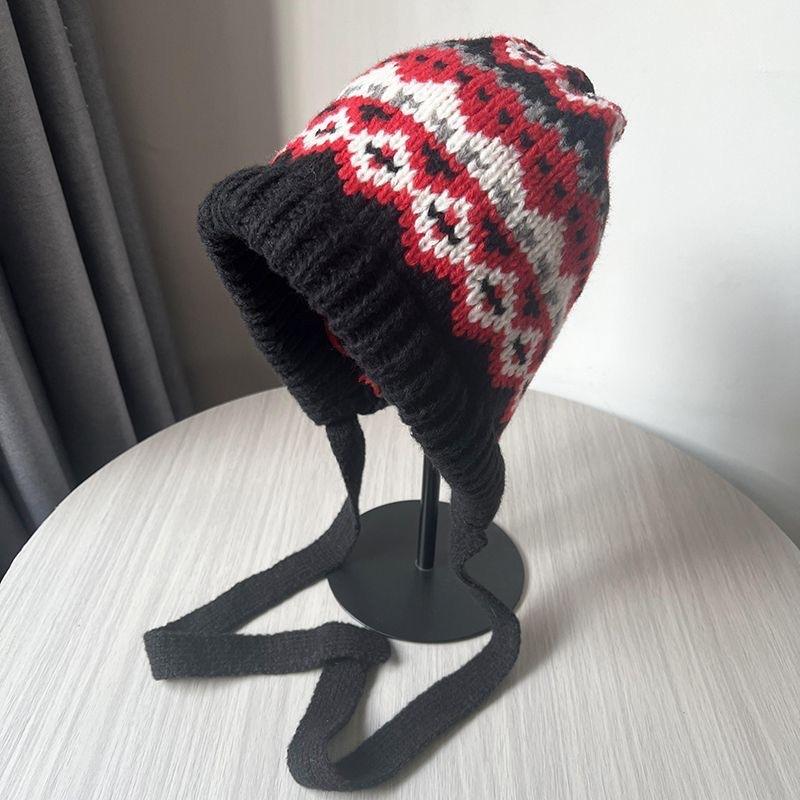 Women's winter knitted thickened warm drawstring stacking hat Fair Island style retro versatile wool hat women