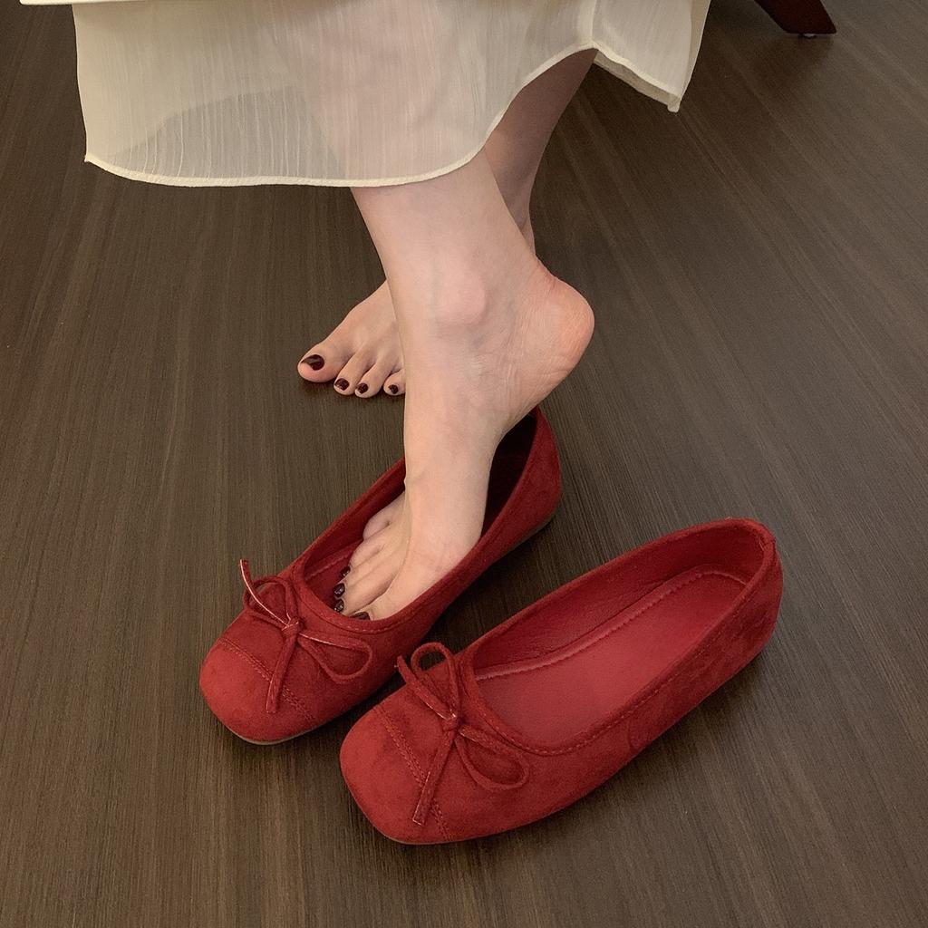 Evening Wind Suede Inner Height Increase Ballet Shoes Femininity Red with Skirt Shallow Mouth Single