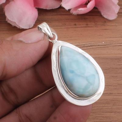 Solid 925 Sterling Silver Natural Larimar Gemstone Pendant Crystal Healing Pendant Handmade Jewelry Boho Pendant