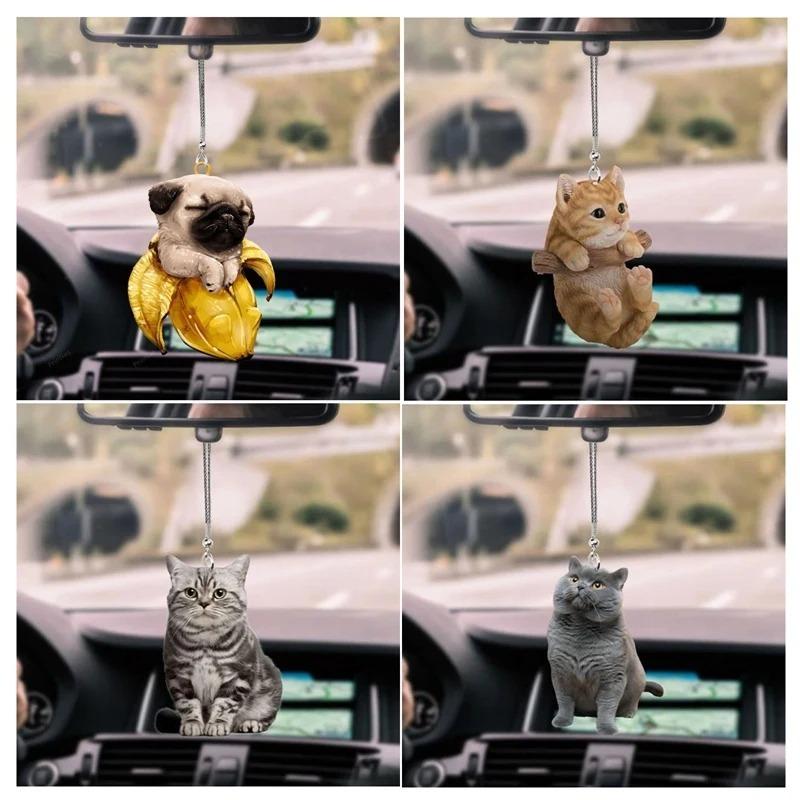 Car Pendant Mini Cat Dog Hanging Charm Ornament Two-Sided Pendants Rearview Mirror Hanging Swing Decoration Car Accessories