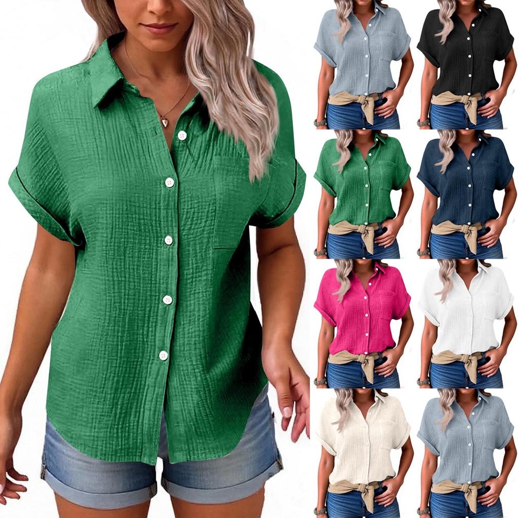 Dámské košile s knoflíky a krátkým rukávem, ležérní košile s límečkem, volné halenky, jednobarevné topy s kapsou