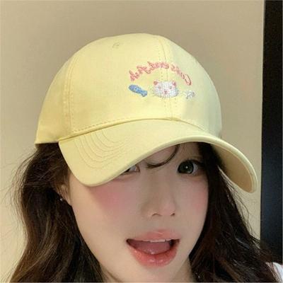 Cute Kitten Embroidered Baseball Cap Women's Spring Summer Big Head Circumference Wide Brim Showing Face Small Peaked Cap Versatile Hat