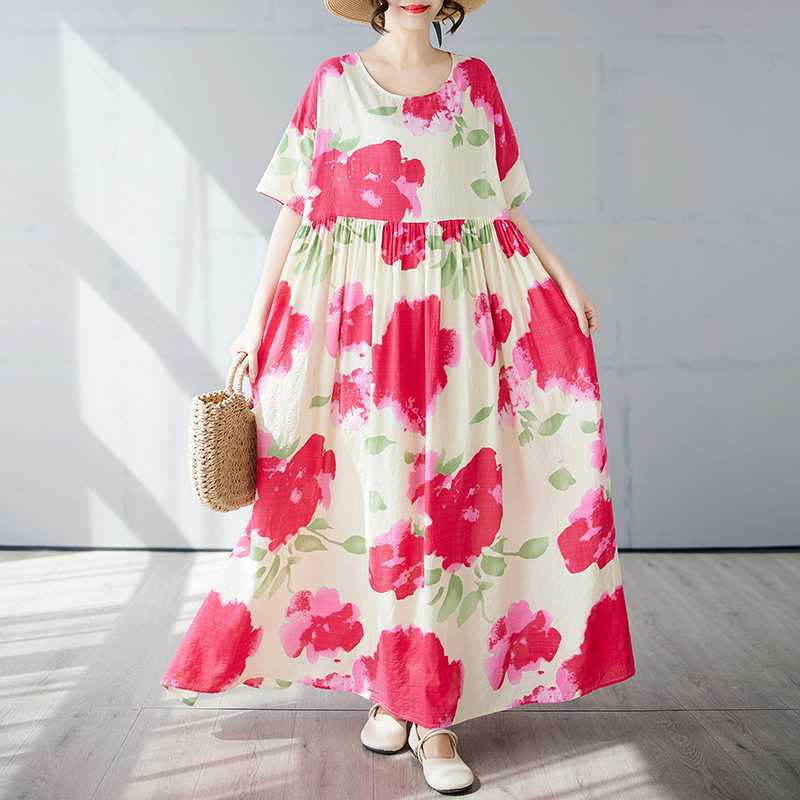 Einfacher und modischer langer Rock Sommer Kurzärmel Rundhals bedrucktes Kleid