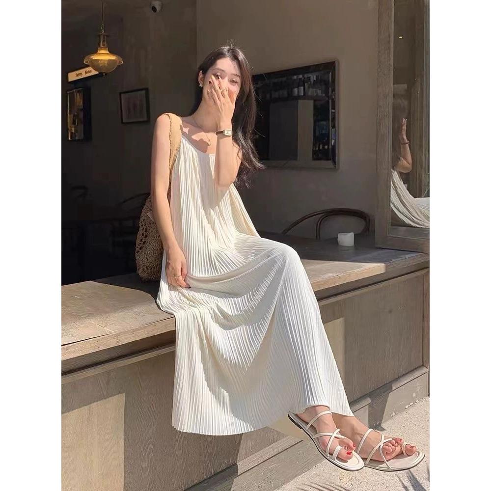 Women Summer Spaghetti Strap Pleated Sleepdress Female Sexy Loose Pajamas Home Clothing Can Be Wear Out