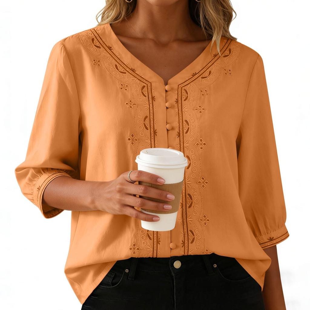 Hauts pour femmes en coton et lin Hauts Rétro à Boutons Chinois Manches 3/4 Col en V Chemises