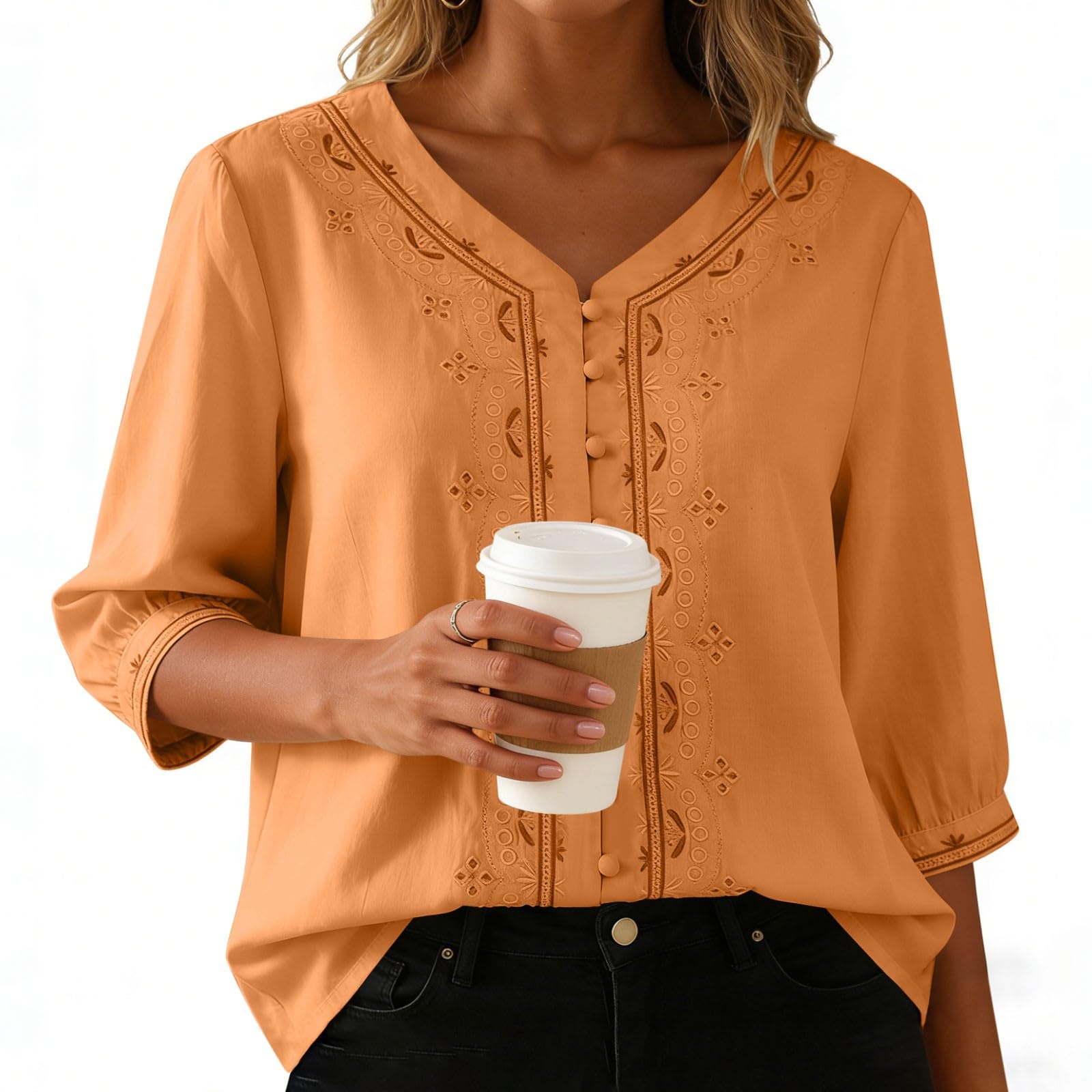 

Women Cotton Linen Blouse Vintage Chinese Button Shirt 3/4 Sleeve V Neck Casual Loose Fit Top XXL оранжевый