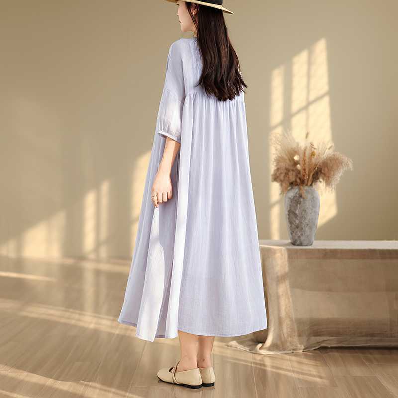 Fünfviertelärmeliges Ramiekleid Farbverlaufsdesign Sinn für Größe Große Größe Baumwolle und Leinen Langes Kleid Locker Neu Sommer