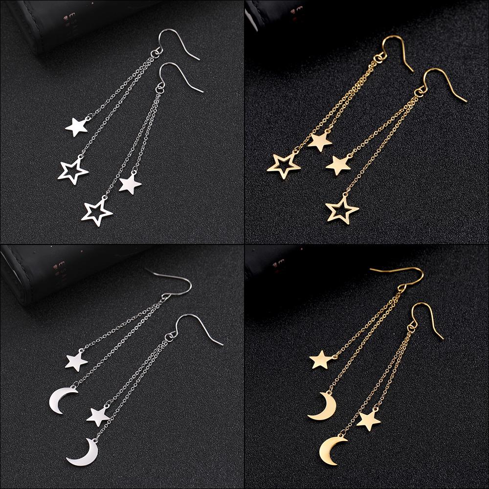 Star Moon Pendant Tassel Hanging Earrings Stainless Steel Pendant Girl Earhooks Fashion Elegant Jewelry Birthday Gift