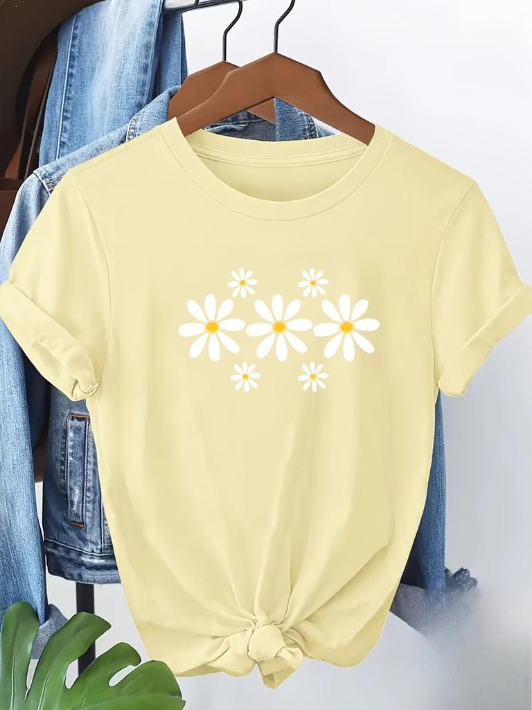Women's Light Yellow Floral Print T-Shirt Casual EverydayT-Shirt Simple Daisy Print Soft Women's Tops Casual Style Print Fashion