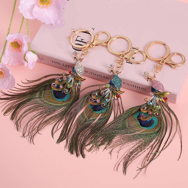 Porte-clés Plume de Paon Strass Brillant Fermoir Anti-rouille Pendentif Mode pour Sac Décoration de Clé de Voiture Portable pour Filles