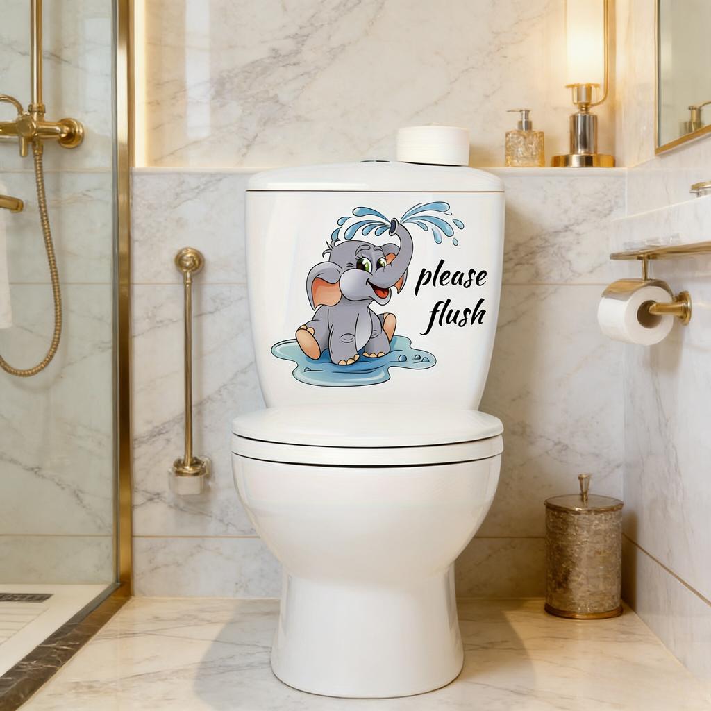 Contemporary Cartoon Elephant Wall Sticker, PVC "Please Flush" Toilet Decor, Self-Adhesive Bathroom Decal, Animal Theme Wall Art