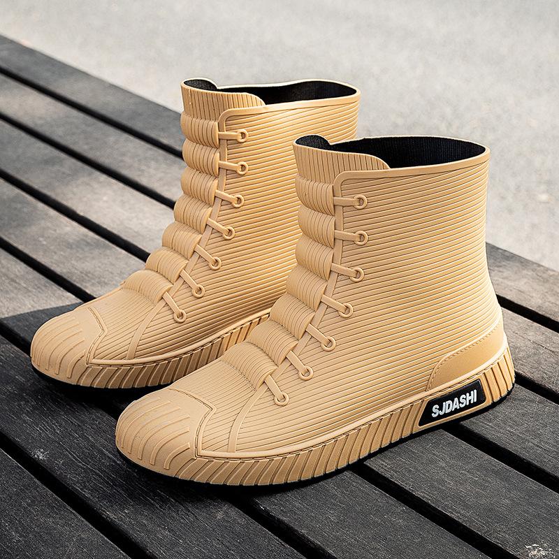 Modische Herren-Regenstiefel, Gummi-Gummistiefel, zum Reinschlüpfen bis zur Mitte der Wade, wasserdichte Arbeitsstiefel, Komfort, rote, rutschfeste Angelschuhe für Herren