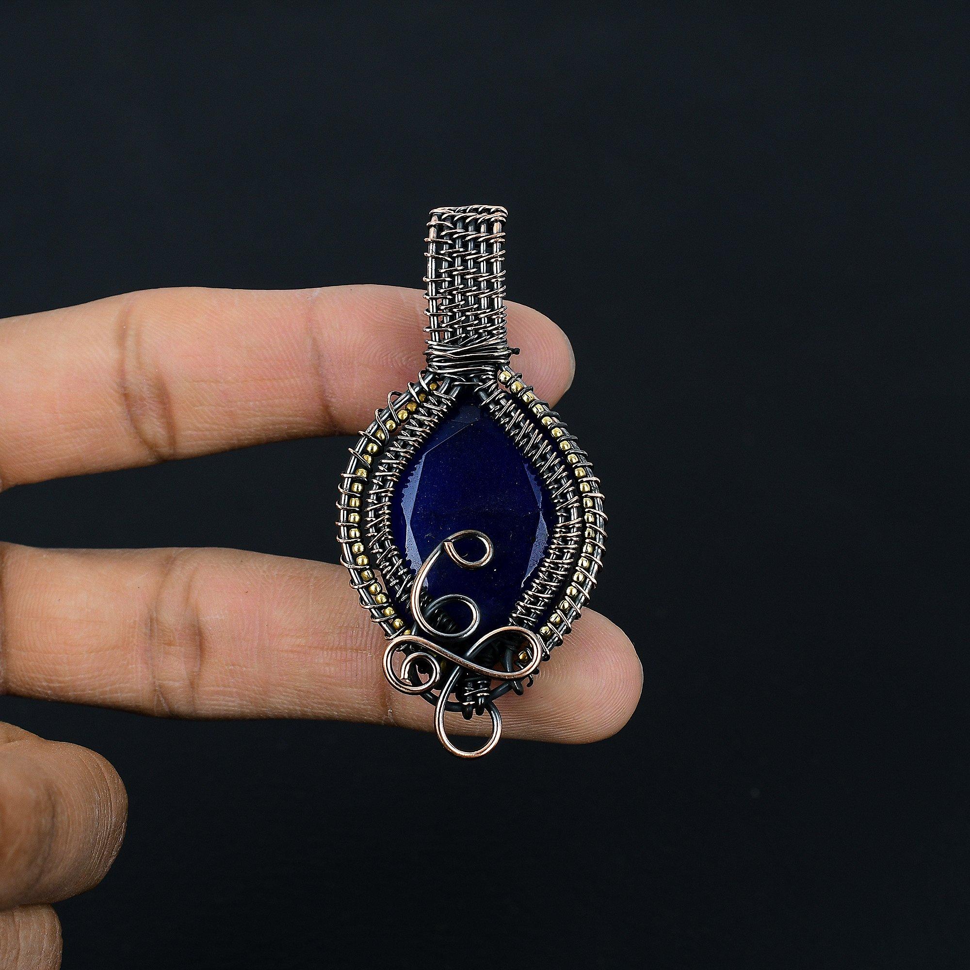 

Кулон с синим сапфиром, Кулон с драгоценным камнем ручной работы, Кулон, обернутый медной проволокой 999 пробы, Антикварное украшение, Для подарка на помолвку 2.55 Inches