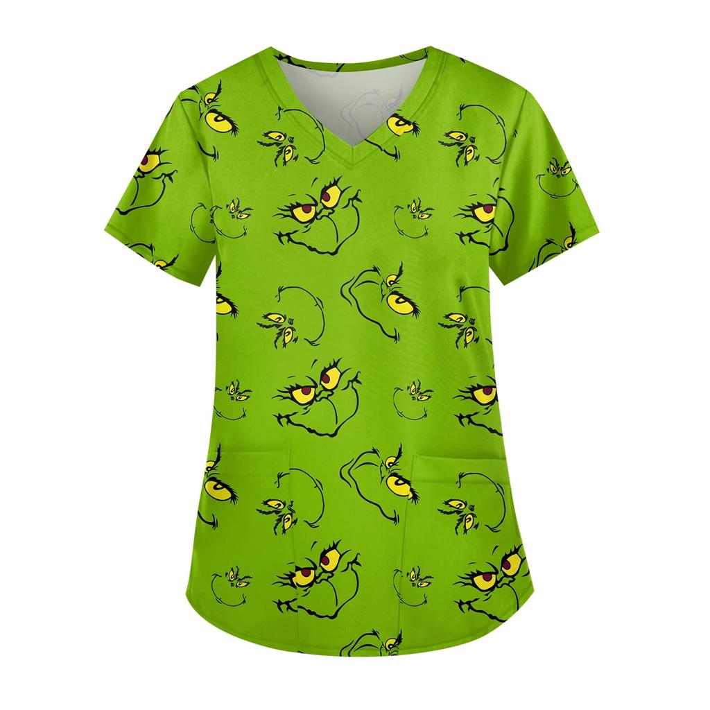 Women's Cute Printed Work Clothes V-neck Double Layer Pockets Basic Short Sleeve Top Pullover Christmas
