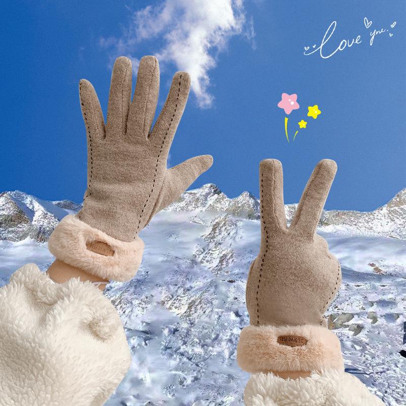 Winter Gloves Women Girl Cashmere Touch Screen Warm Gloves Elegant Outdoor Riding Wool Bow Full Cotton Finger Driving Mittens