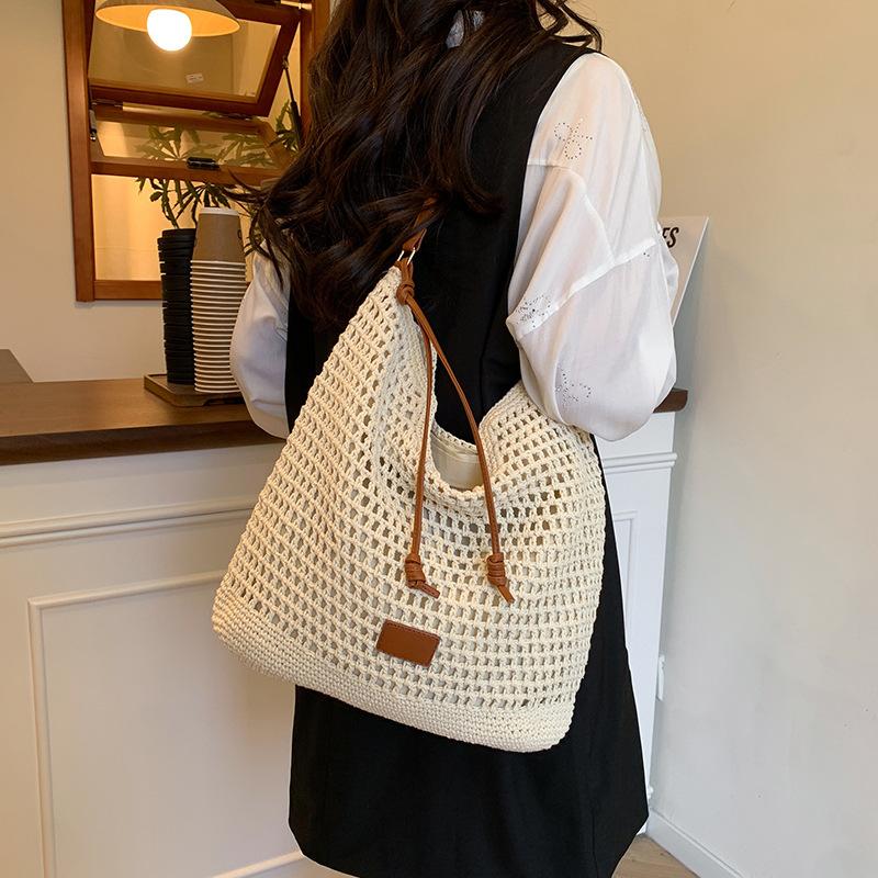 Going Out To The Beach For Vacation, Beach Shoulder Bag, Women'S Hollow Woven Commuter Large-Capacity Bucket Bag