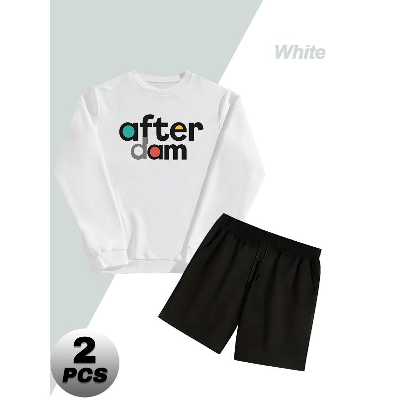 

Men s Polyester Crew Neck Sweatshirt Set with Relaxed Fit Shorts Comfortable Casual XXL білий